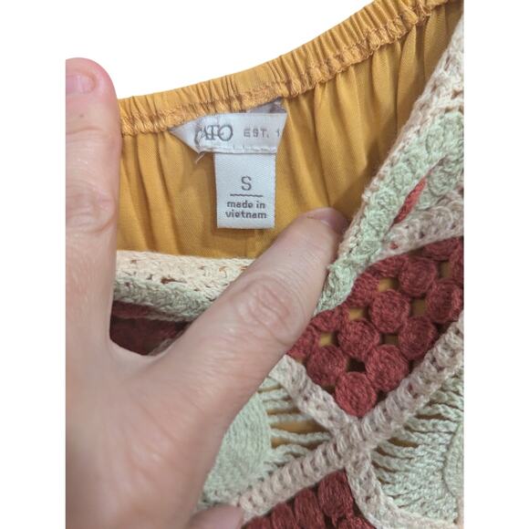 Peasant style slashed sleeves empire-waisted mustard dress w/crochet detailing S - Picture 3 of 13